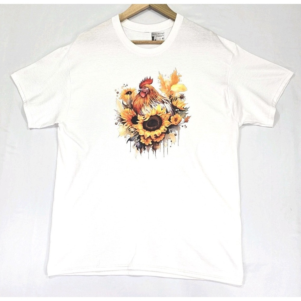 Fall Chicken Rooster Seasonal Flower Art Shirt Size Large Thanksgiving Gift‎